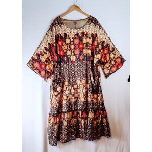 Tribal Dress Tones of Autumn Batik Boho Loose Shift Ruffle Trim 3Q Sleeve Ethnic